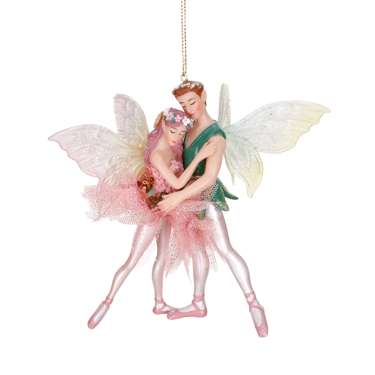 Ornament cu pereche de zâne, verde/roz, 14 cm
