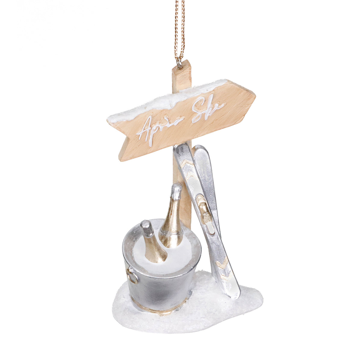 Ornament cu semn Après Ski și șampanie, alb/auriu, 12,5 cm