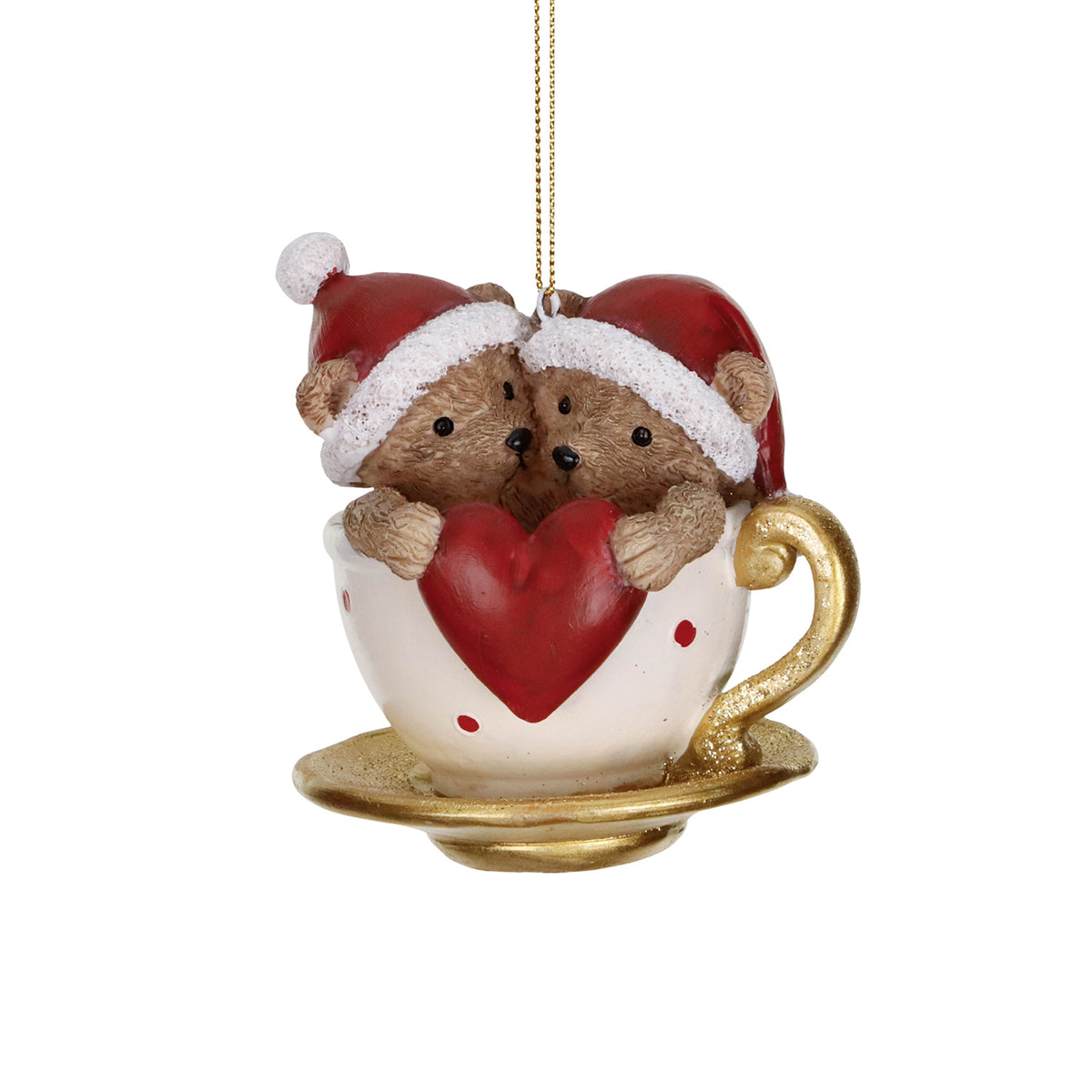 Ornament cu ursuleți îndrăgostiți în cană, maro/roșu/crem, 9,5 cm