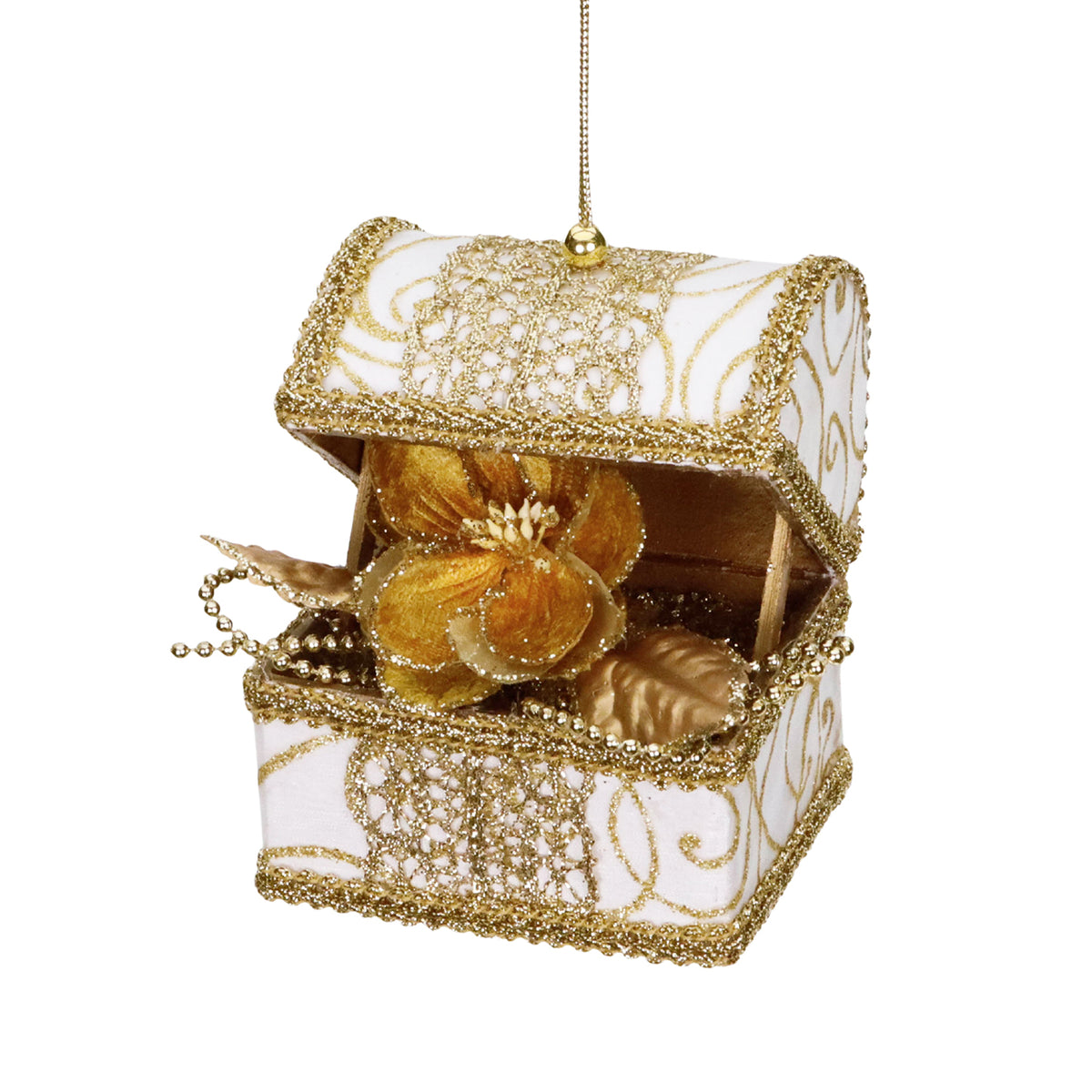 Ornament cufăr cu comori, floral, din textil, crem/auriu, 11 cm
