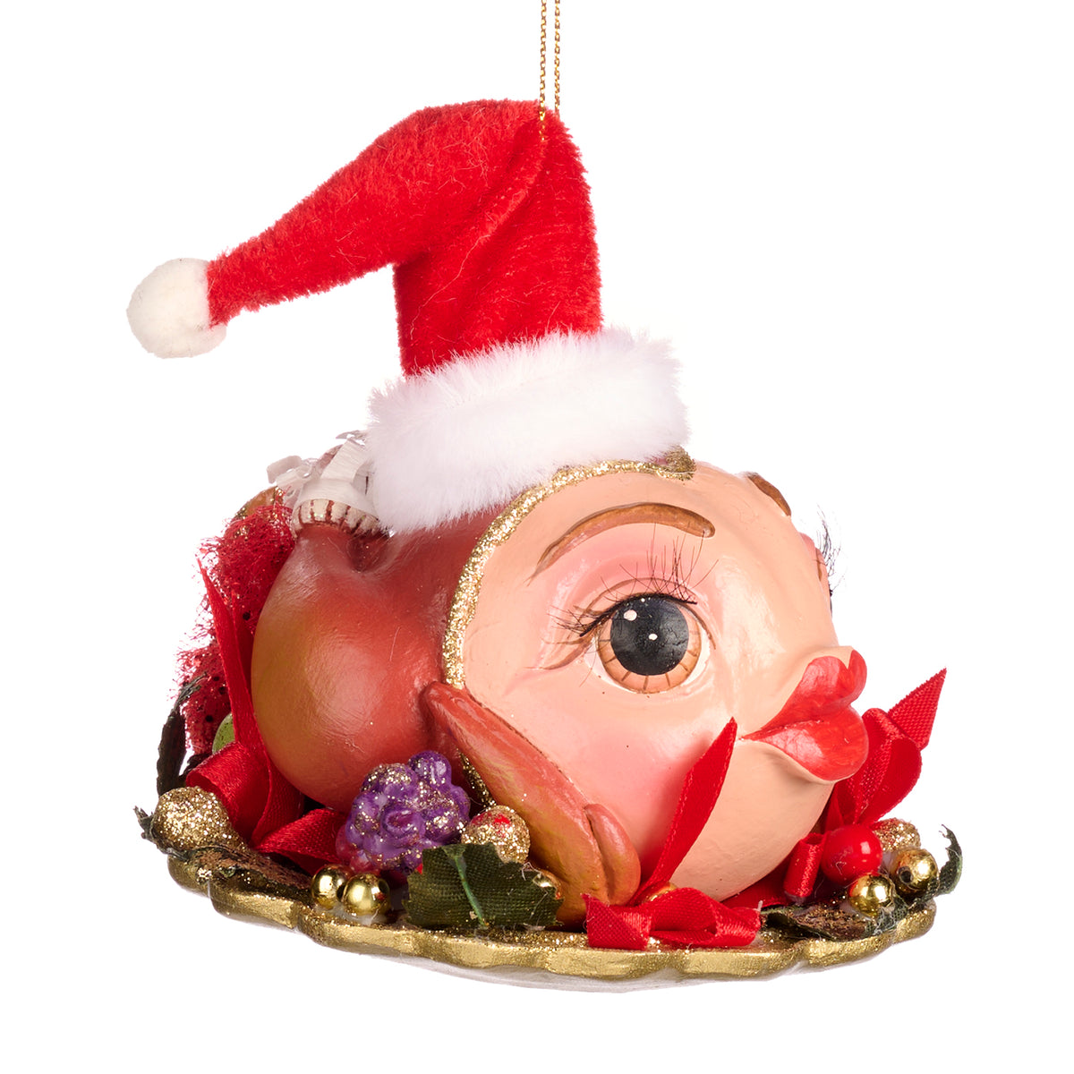 Ornament curcan și pește pe farfurie, roșu, 11 cm