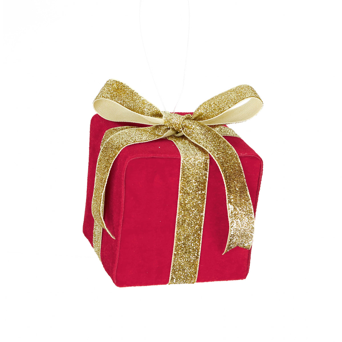 Ornament cutie cadou din textil cu sclipici, roșu/auriu, 9 cm