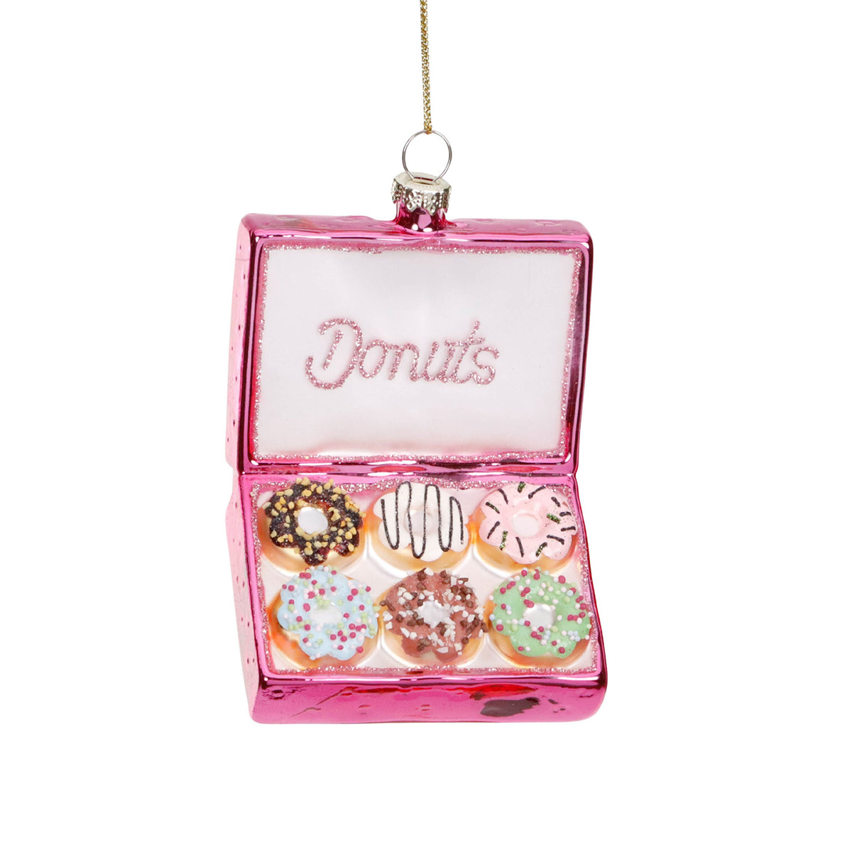 Ornament cutie cu gogoși din sticlă, roz/multicolor, 10 cm