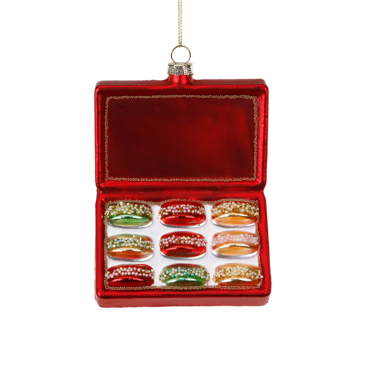 Ornament cutie cu macarons din sticlă, cu mărgele, roșu/verde/auriu, 12 cm