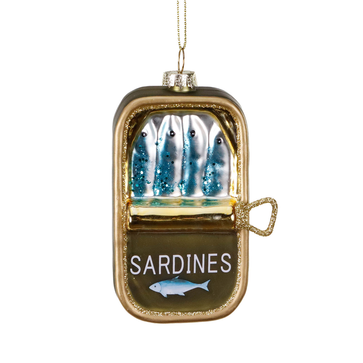 Ornament cutie de sardine din sticlă, negru/auriu, 11,5 cm