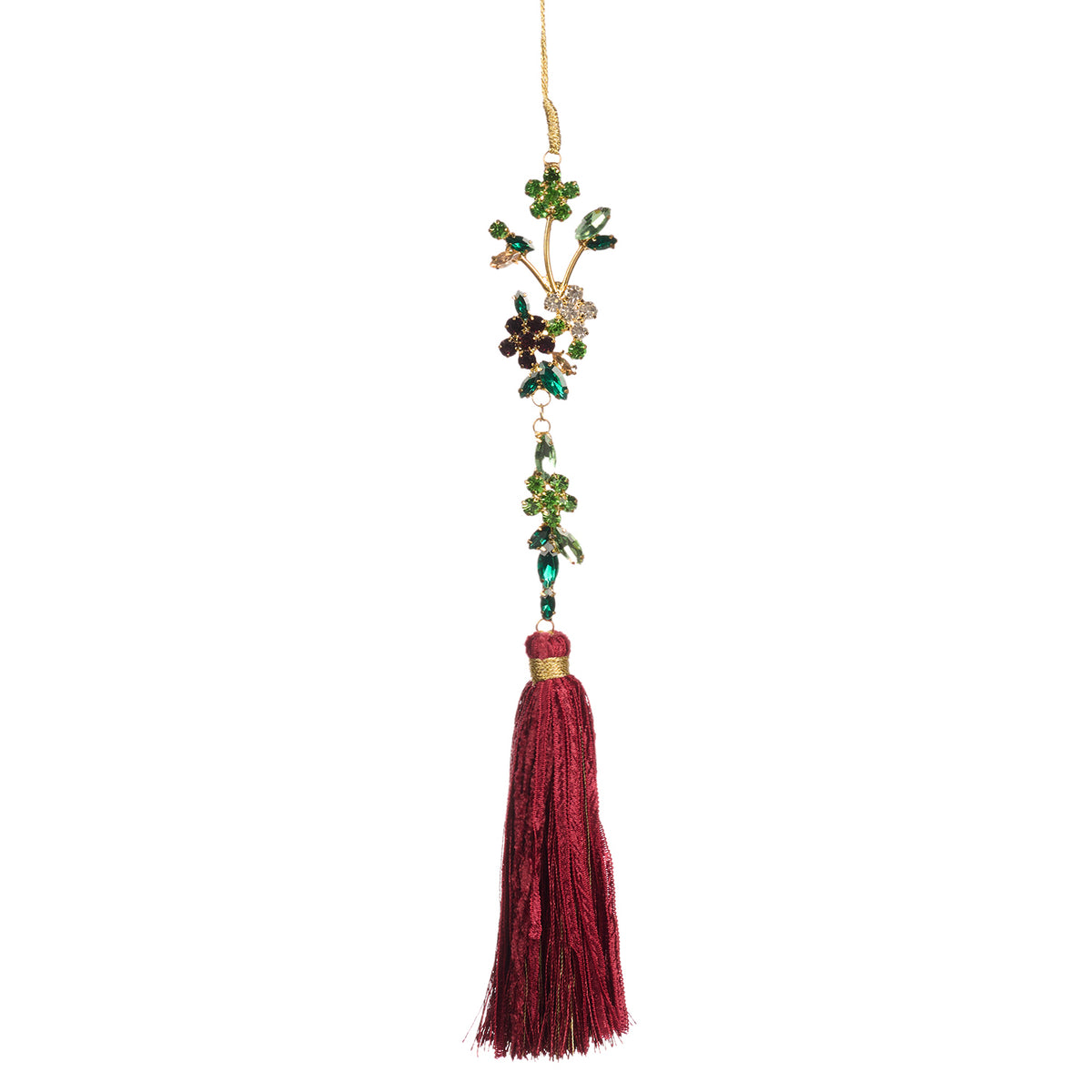 Ornament din metal cu floare, ciucure și pietre, burgund/verde, 28 cm