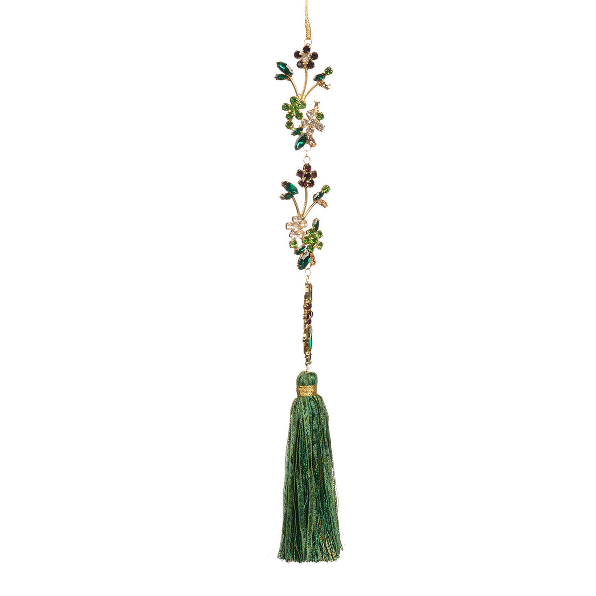 Ornament din metal cu floare, ciucure și pietre, verde/auriu, 35,5 cm