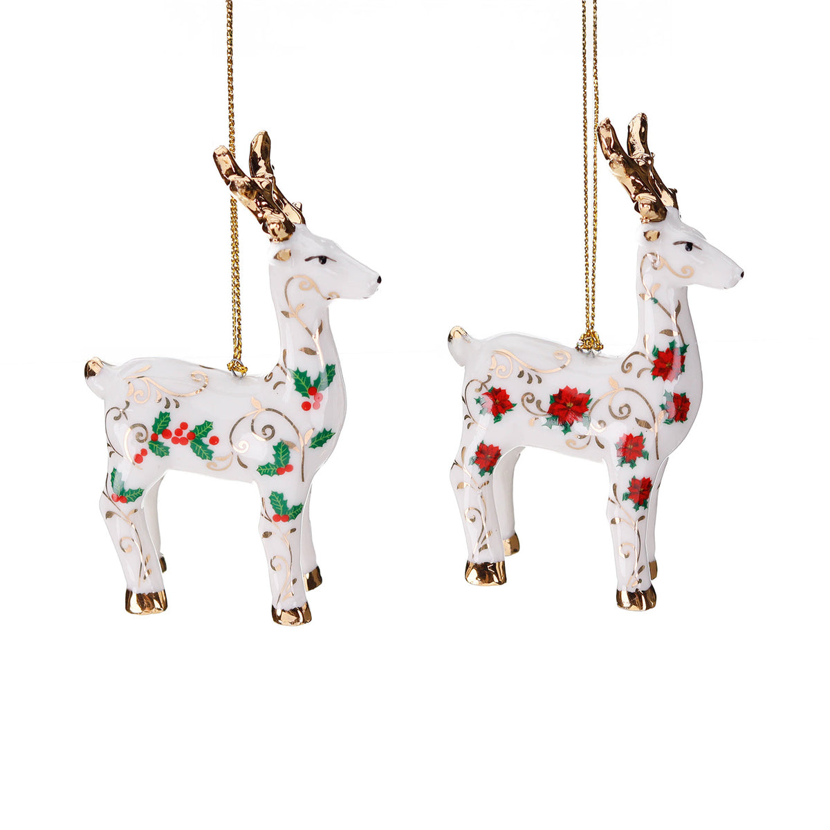 Ornament din porțelan cu cerb, ilice și crăciuniță, alb/roșu/verde, 10 cm