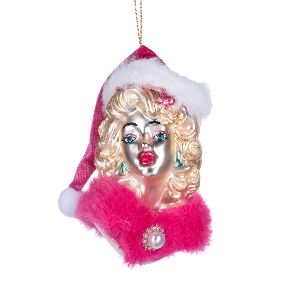 Ornament din sticlă bust de doamnă în ținută festivă cu blăniță, roz/alb, 12 cm