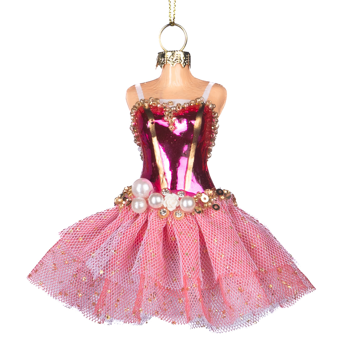 Ornament din sticlă bust de manechin balerină cu perle, roz, 10 cm