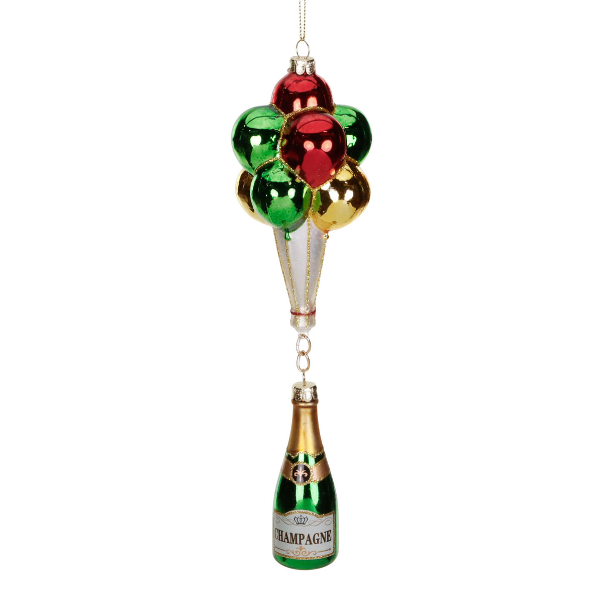 Ornament din sticlă cu baloane și sticlă de șampanie, verde, 16 cm