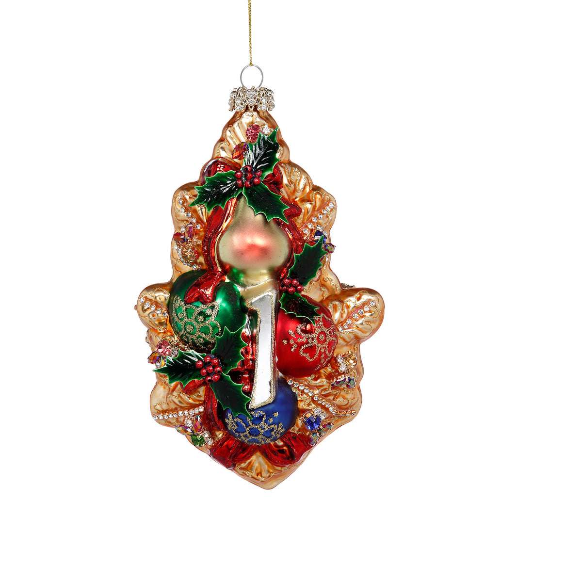 Ornament din sticlă cu bijuterii, potârniche în pom de păr, 21 cm