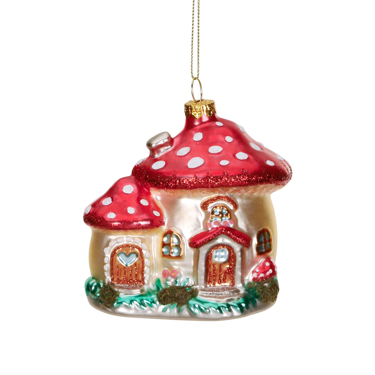 Ornament din sticlă cu căsuțe-ciupercă, roșu/crem, 9,5 cm