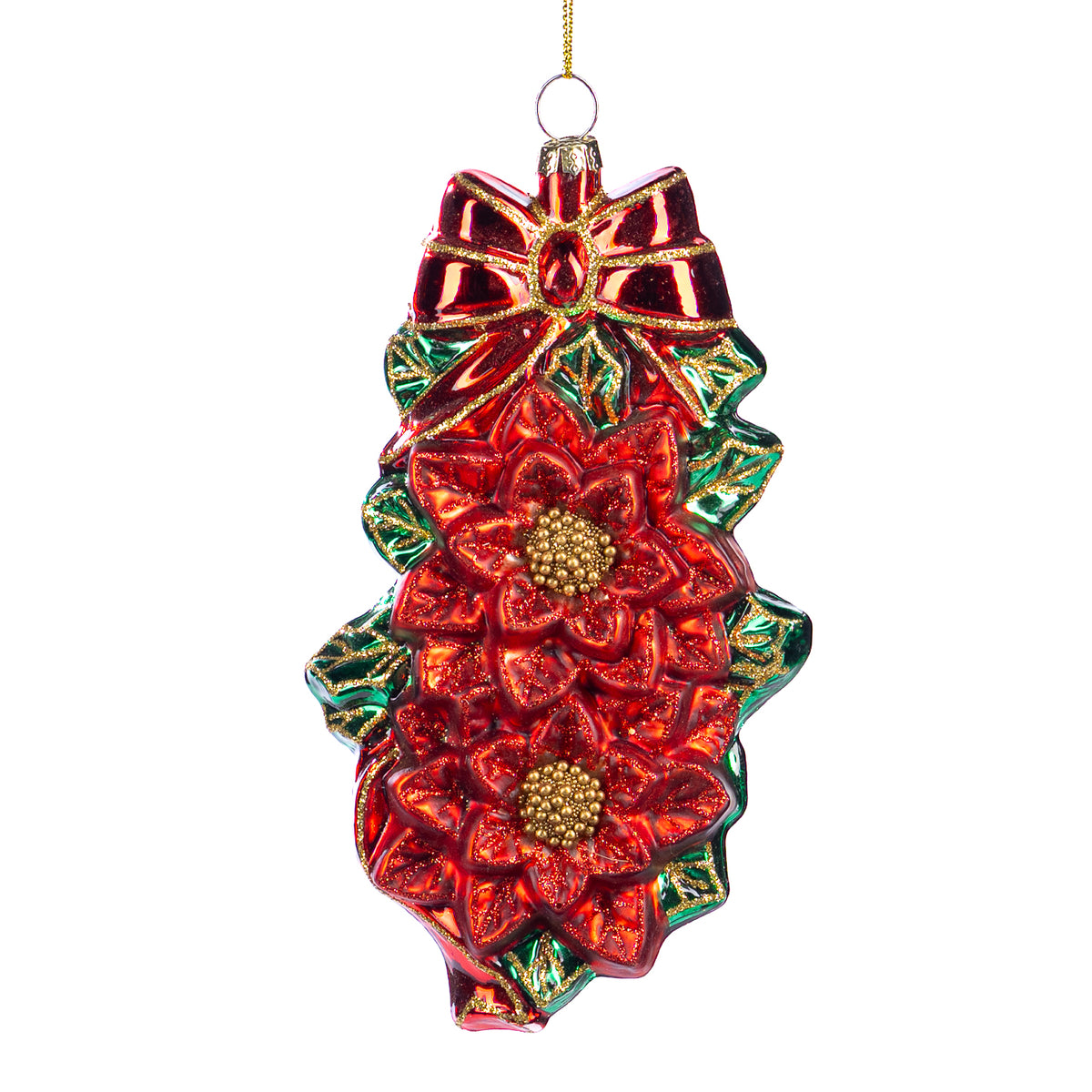 Ornament din sticlă cu crăciunițe și fundă, roșu/verde, 17 cm