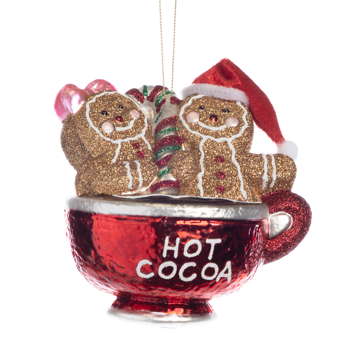 Ornament din sticlă cu figurină de turtă dulce în cană de cacao, roșu/maro, 11,5 cm