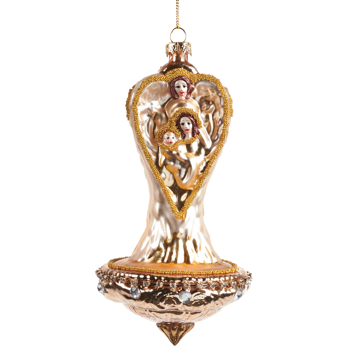 Ornament din sticlă cu înger, Maria și Iisus, crem/șampanie, 16,5 cm
