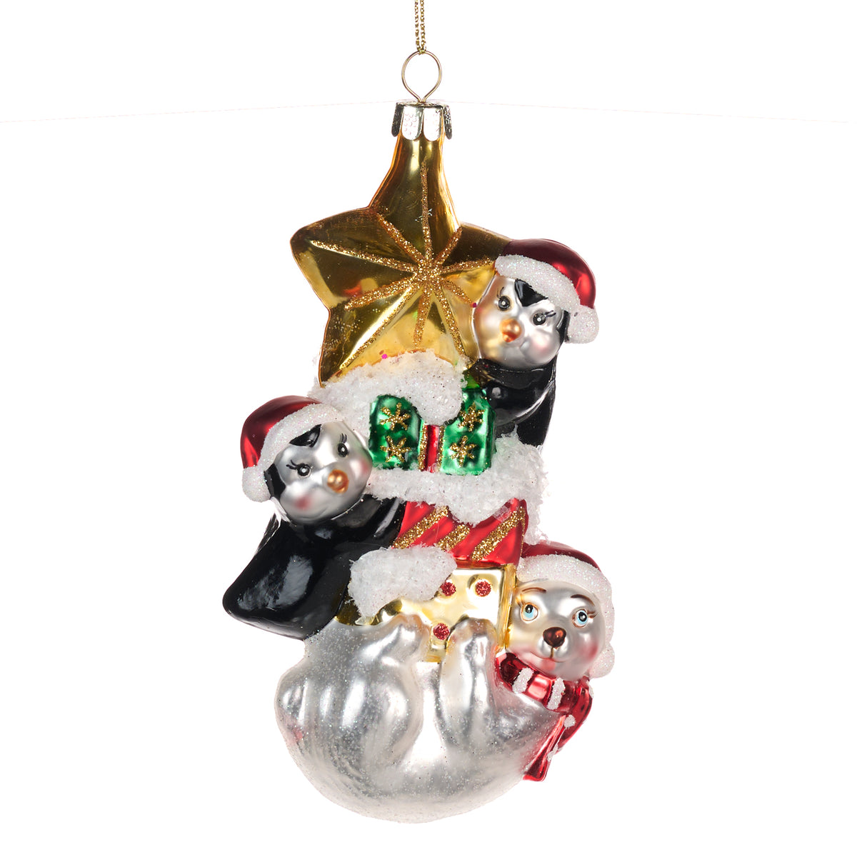 Ornament din sticlă cu pinguini și urs polar în stivă, negru/alb, 14,5 cm
