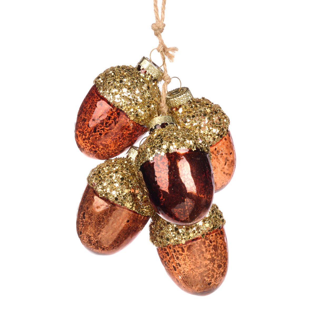 Ornament din sticlă cu sclipici, ciorchine de 5 ghinde, maro, 20 cm