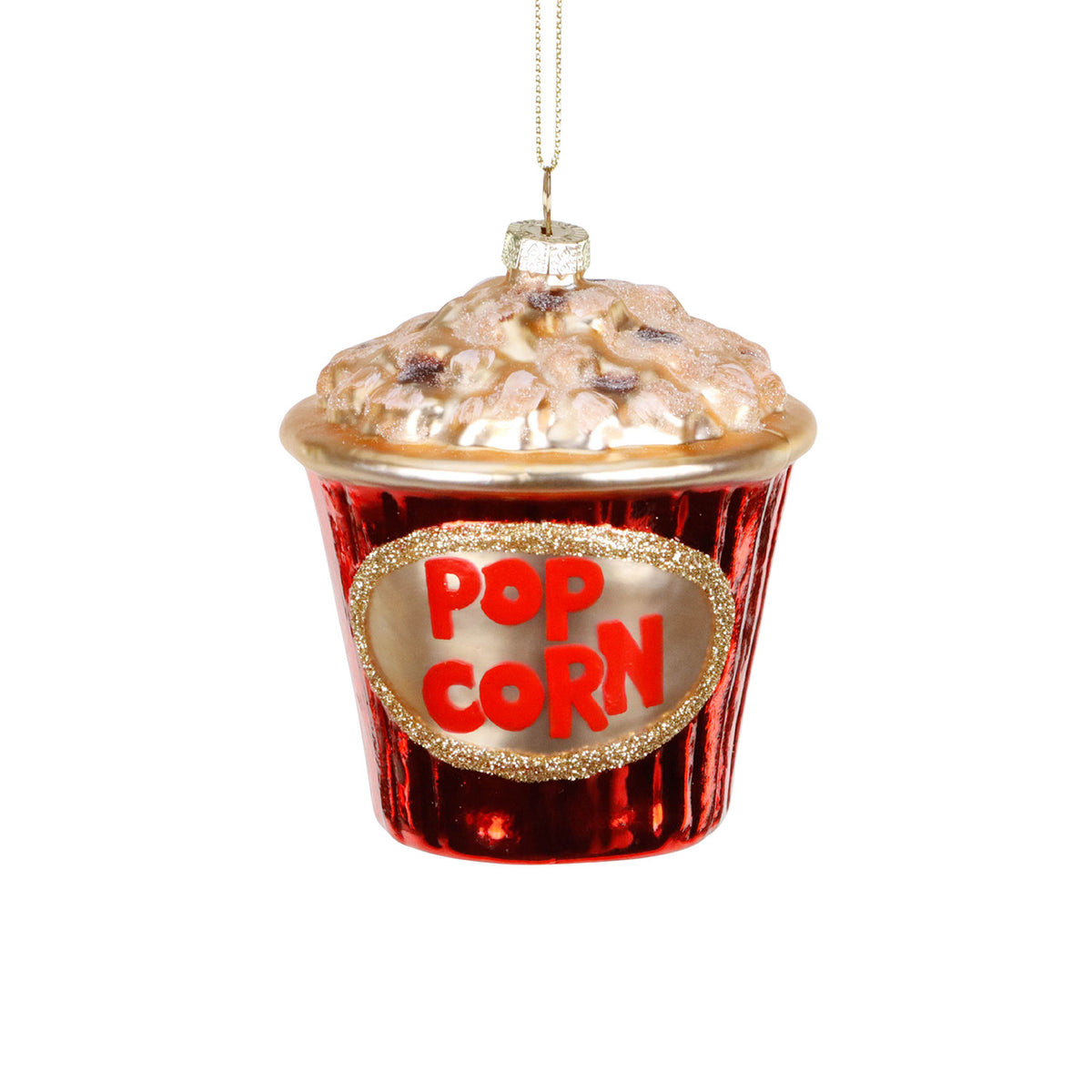 Ornament din sticlă cu sclipici, găletușă cu floricele de porumb, roșu/crem/auriu, 9 cm