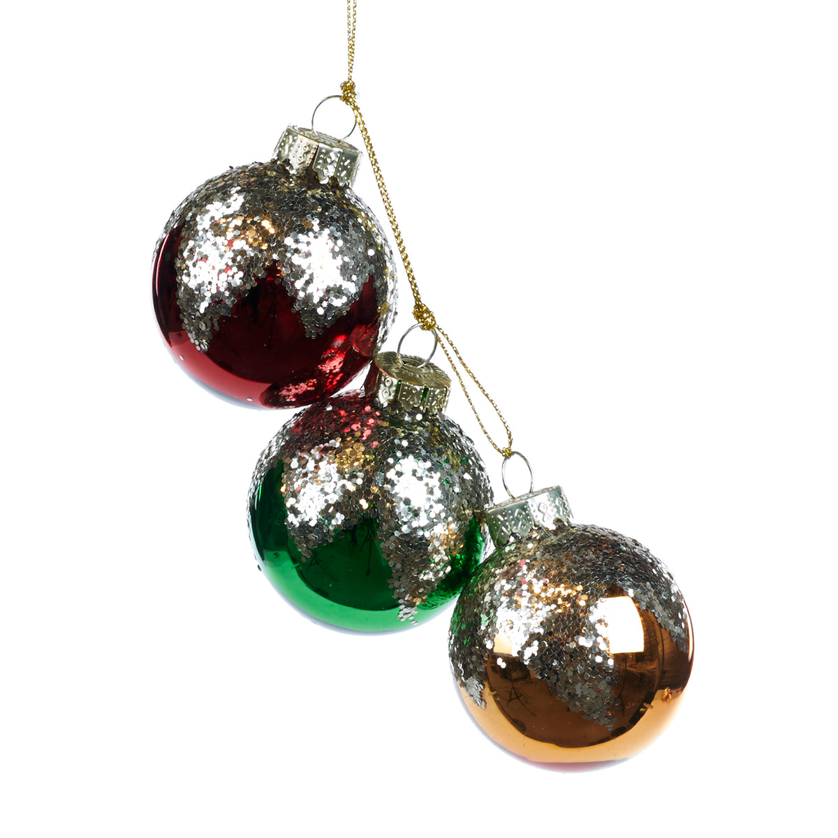Ornament din sticlă cu sclipici și globulețe pandantiv, roșu/verde/auriu, 5,5 cm