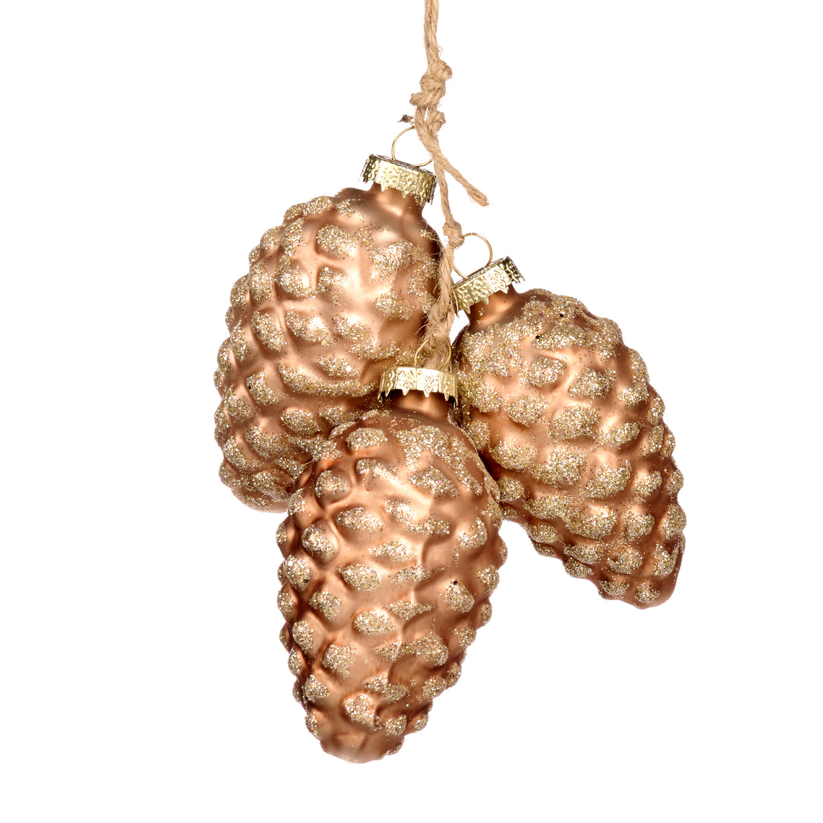 Ornament din sticlă cu sclipici și un buchet de 3 conuri de brad, maro, 15 cm