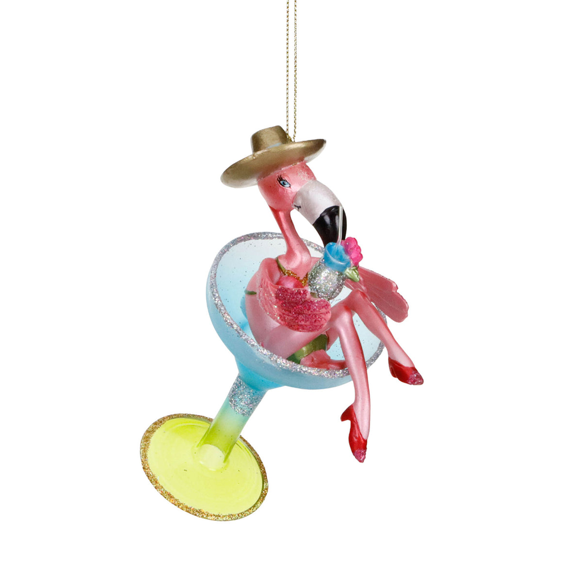 Ornament din sticlă, flamingo în pahar de cocktail, multicolor, 12,5 cm