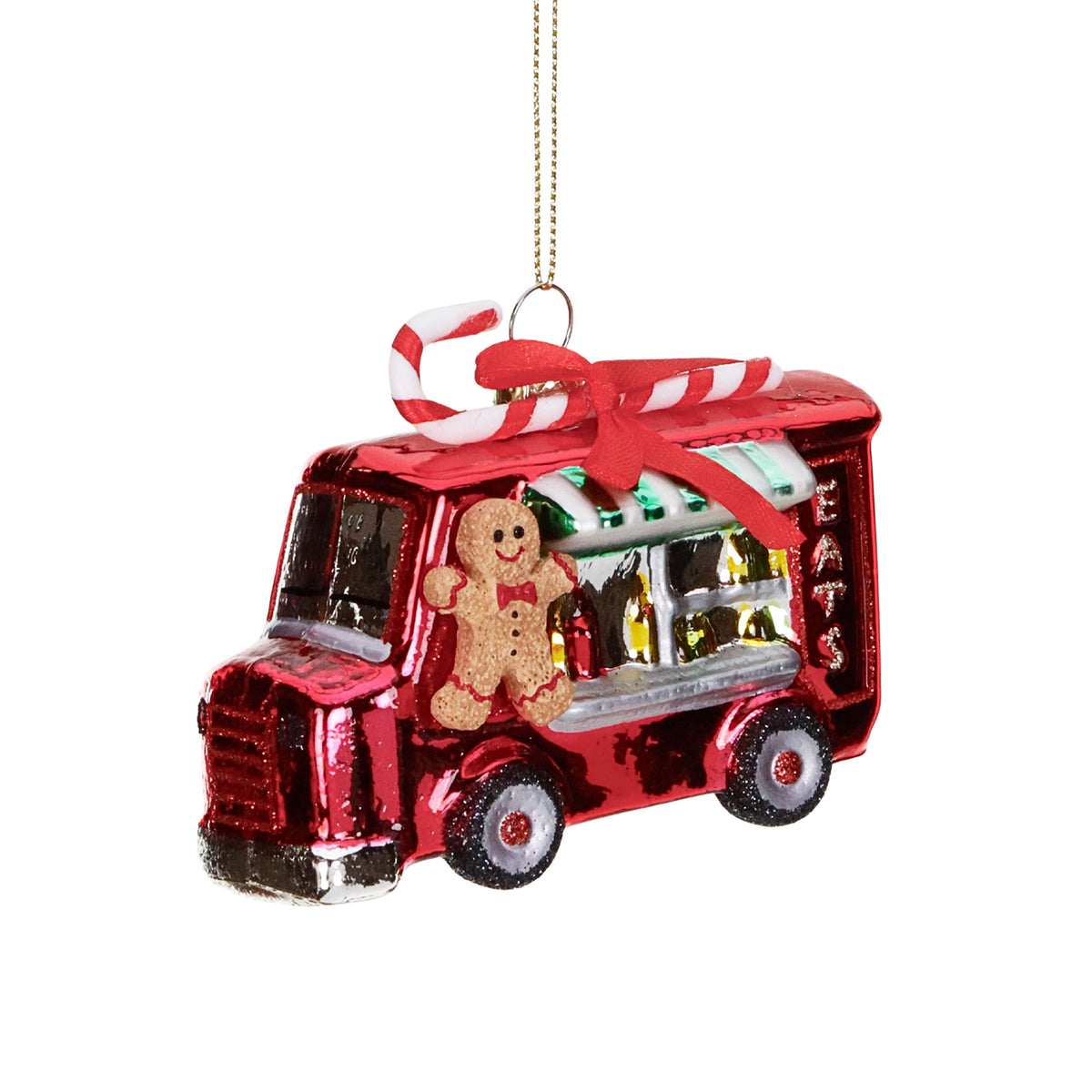 Ornament din sticlă, furgonetă food truck de Crăciun, roșu/maro, 10 cm
