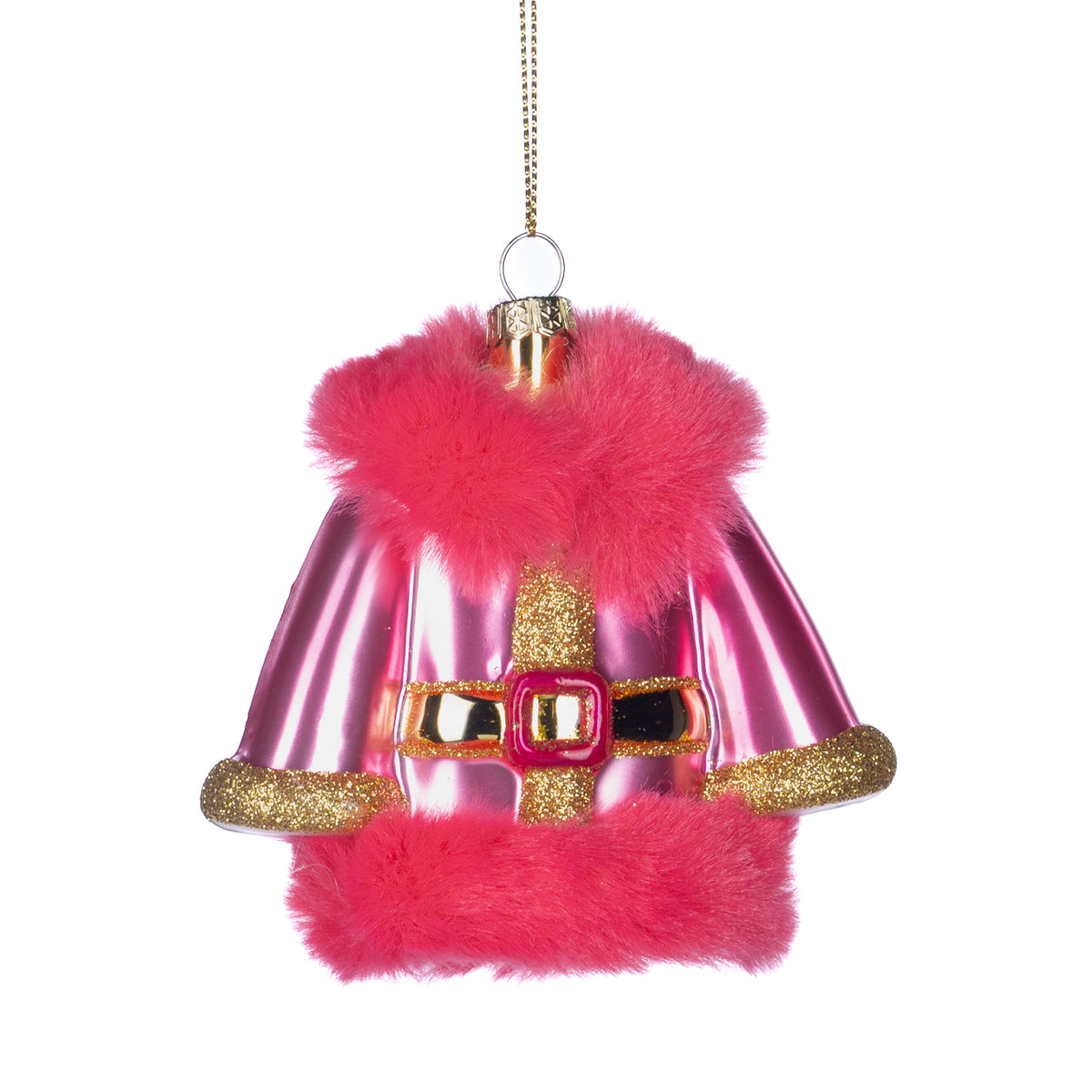 Ornament din sticlă în formă de jachetă de costum Moș Crăciun cu blăniță, roz/auriu, 11 cm