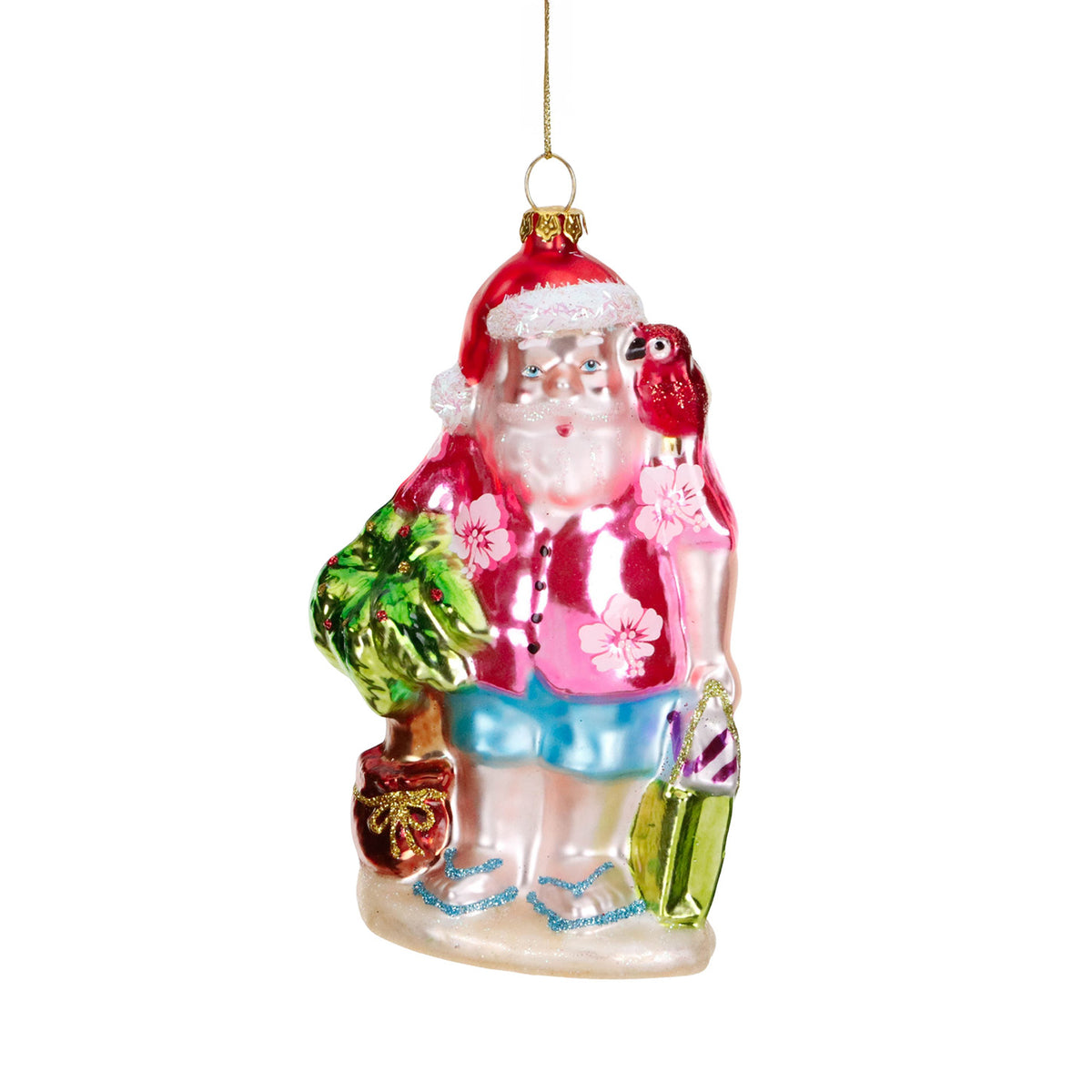 Ornament din sticlă, Moș Crăciun pe plajă cu papagal, multicolor, 14 cm