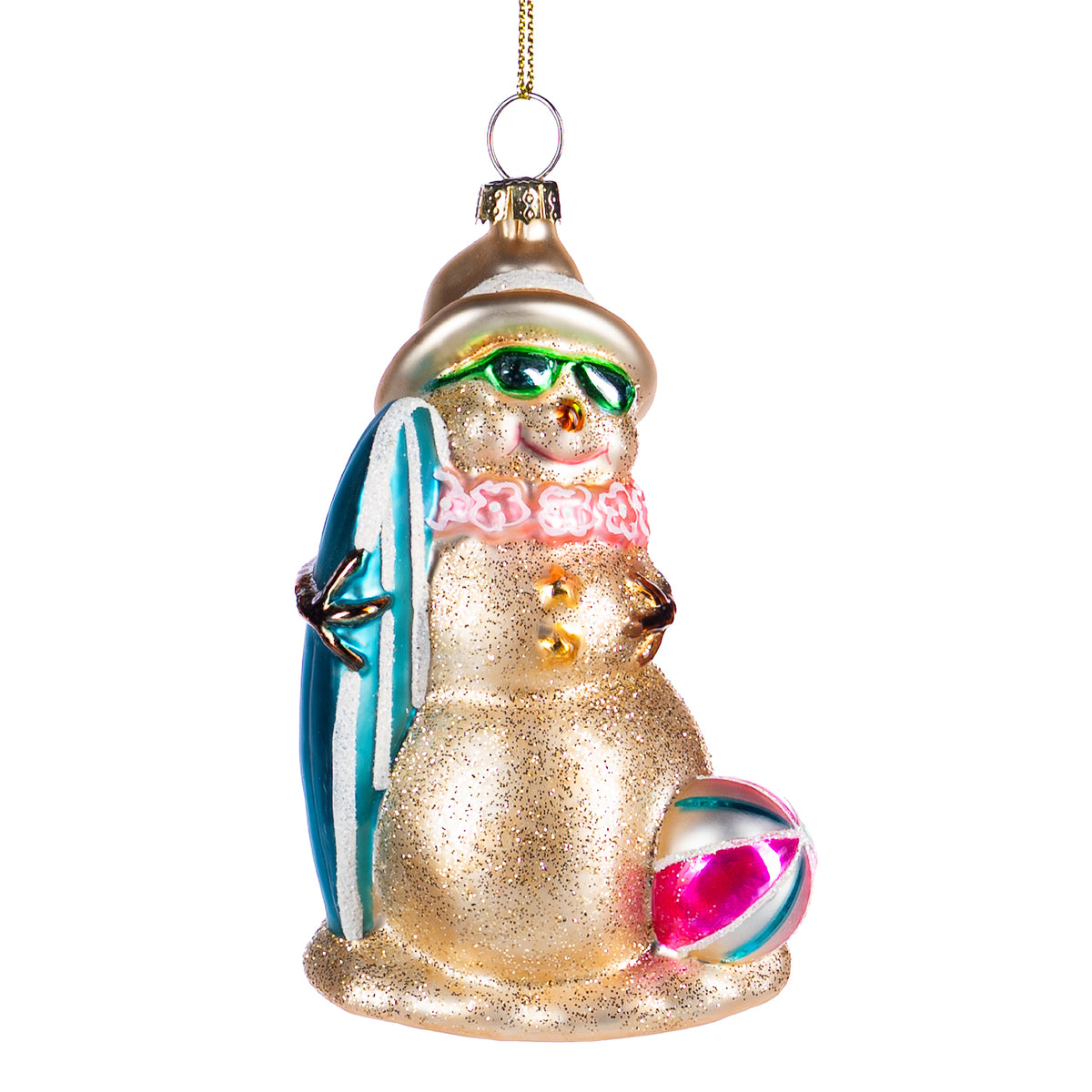 Ornament din sticlă, om de zăpadă surfer pe plajă, auriu/multicolor, 12 cm