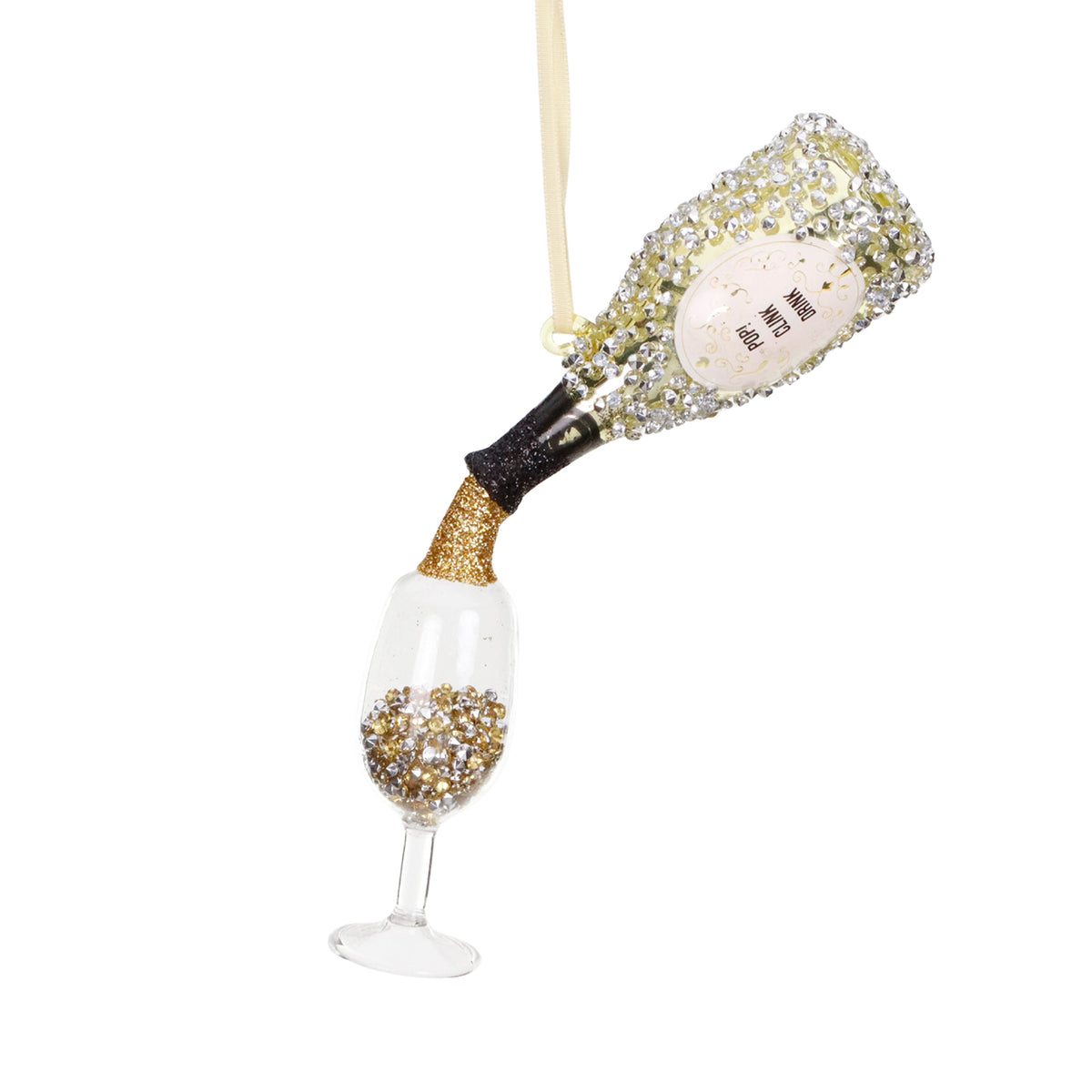 Ornament din sticlă, șampanie turnată în pahar, negru/șampanie/auriu, 15 cm