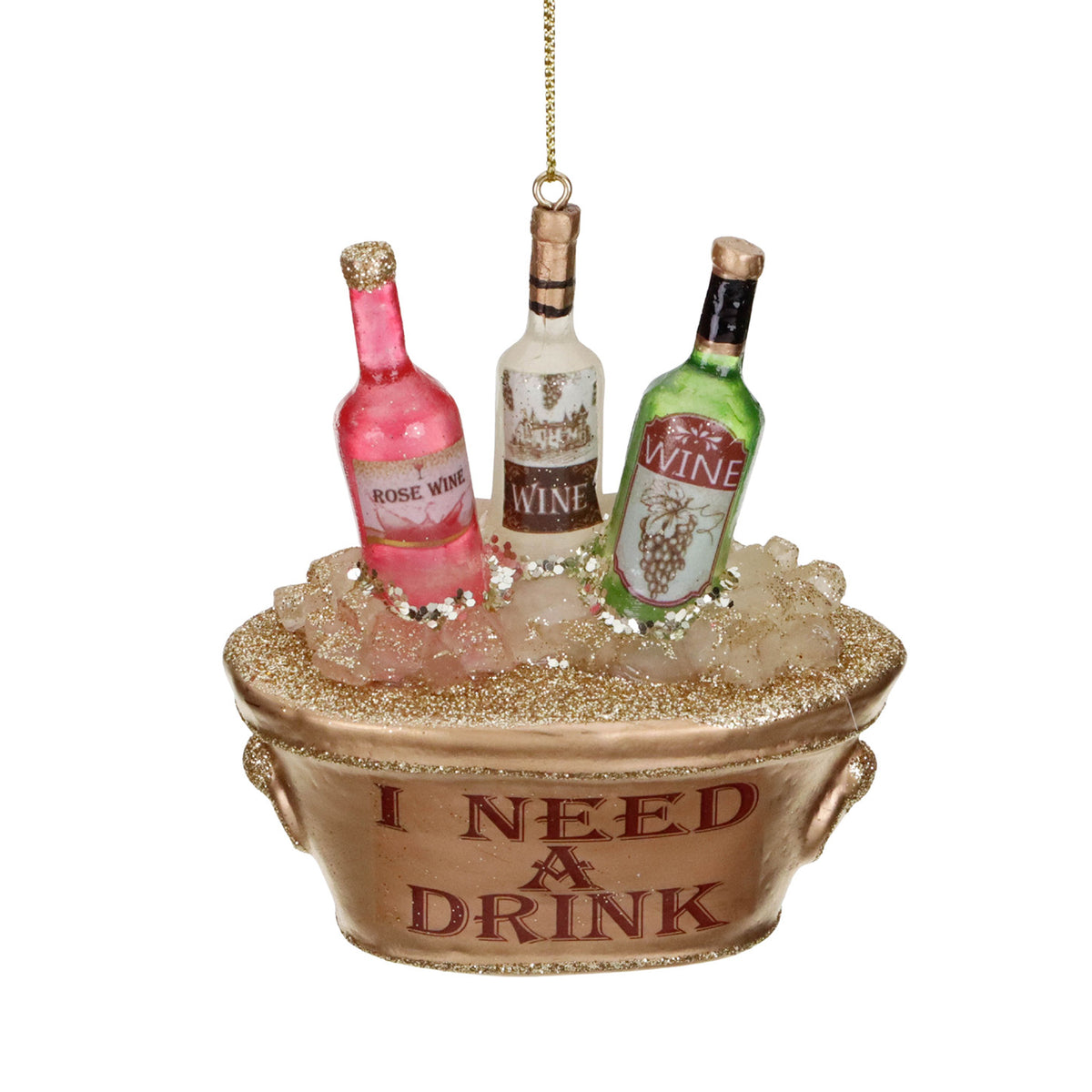 Ornament din sticlă, sticle de vin în găleată, cu mesajul „Need a drink”, auriu, 11 cm