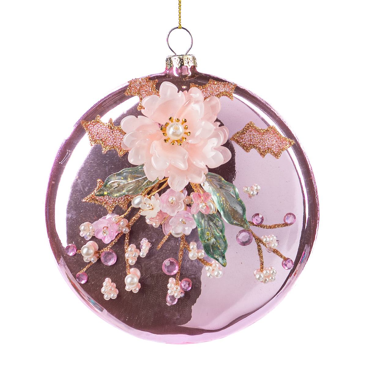 Ornament disc din sticlă cu floare 3D, roz/verde, 12 cm