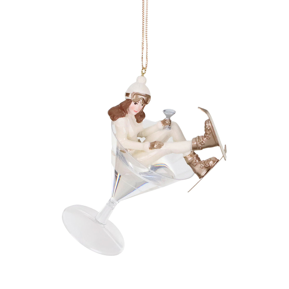 Ornament doamnă Après Ski cu cocktail, crem/auriu, 13 cm