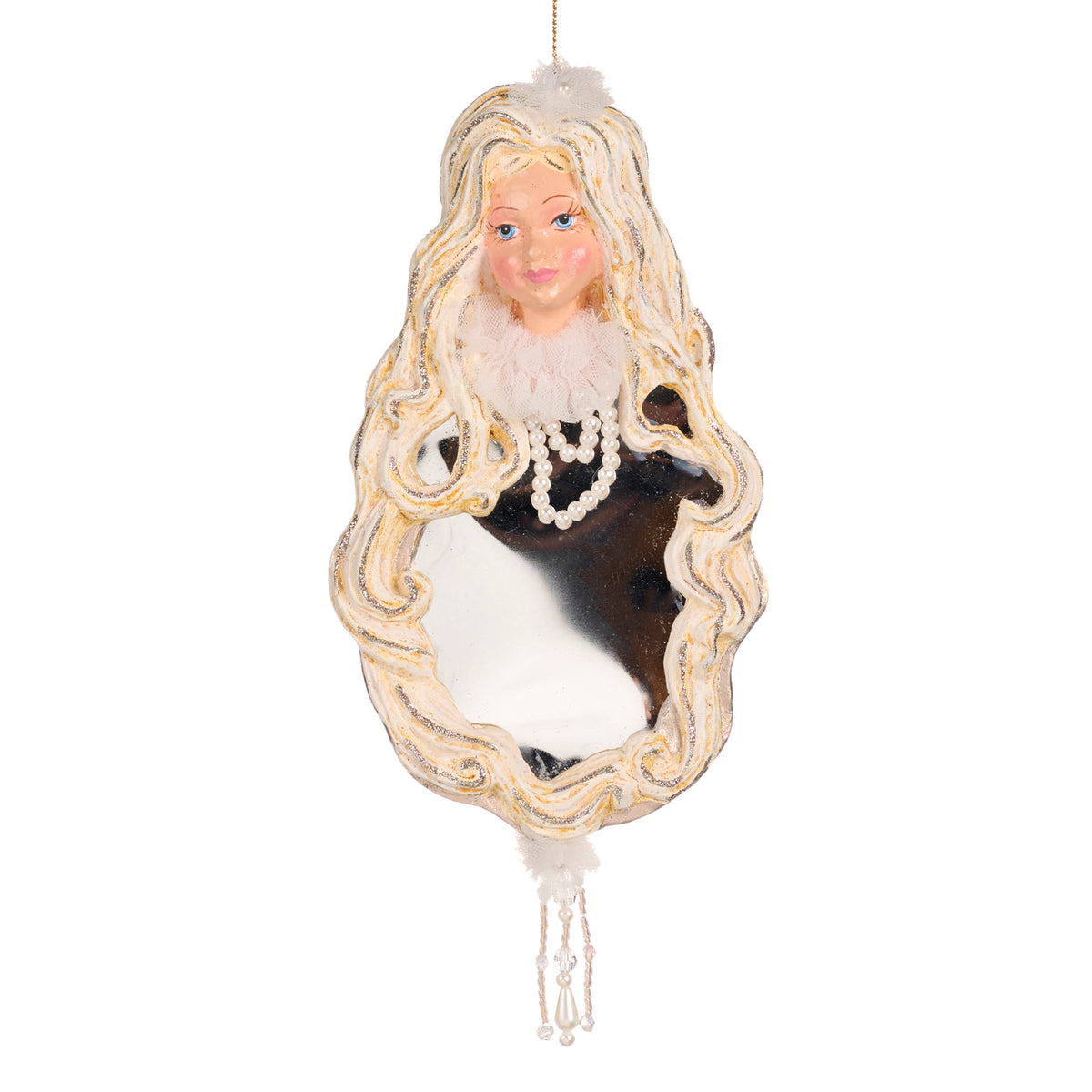 Ornament doamnă cu oglindă, de agățat, crem, 18 cm