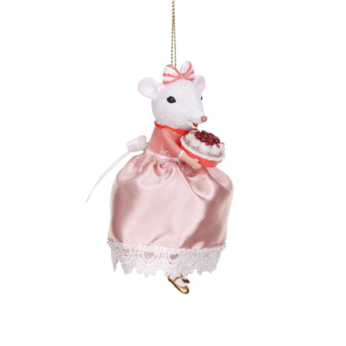 Ornament doamnă șoarece cu tort, roz/alb, 11,5 cm