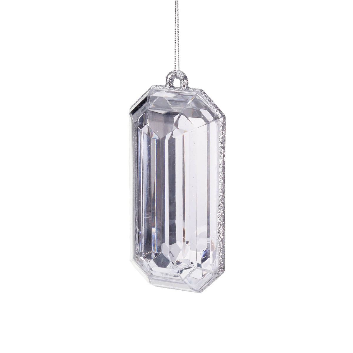 Ornament dreptunghiular fațetat tip bijuterie, transparent/argintiu, 13 cm