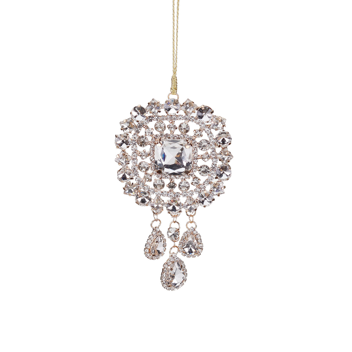 Ornament emblemă din metal cu pietre și pandantive, transparent/auriu, 12 cm