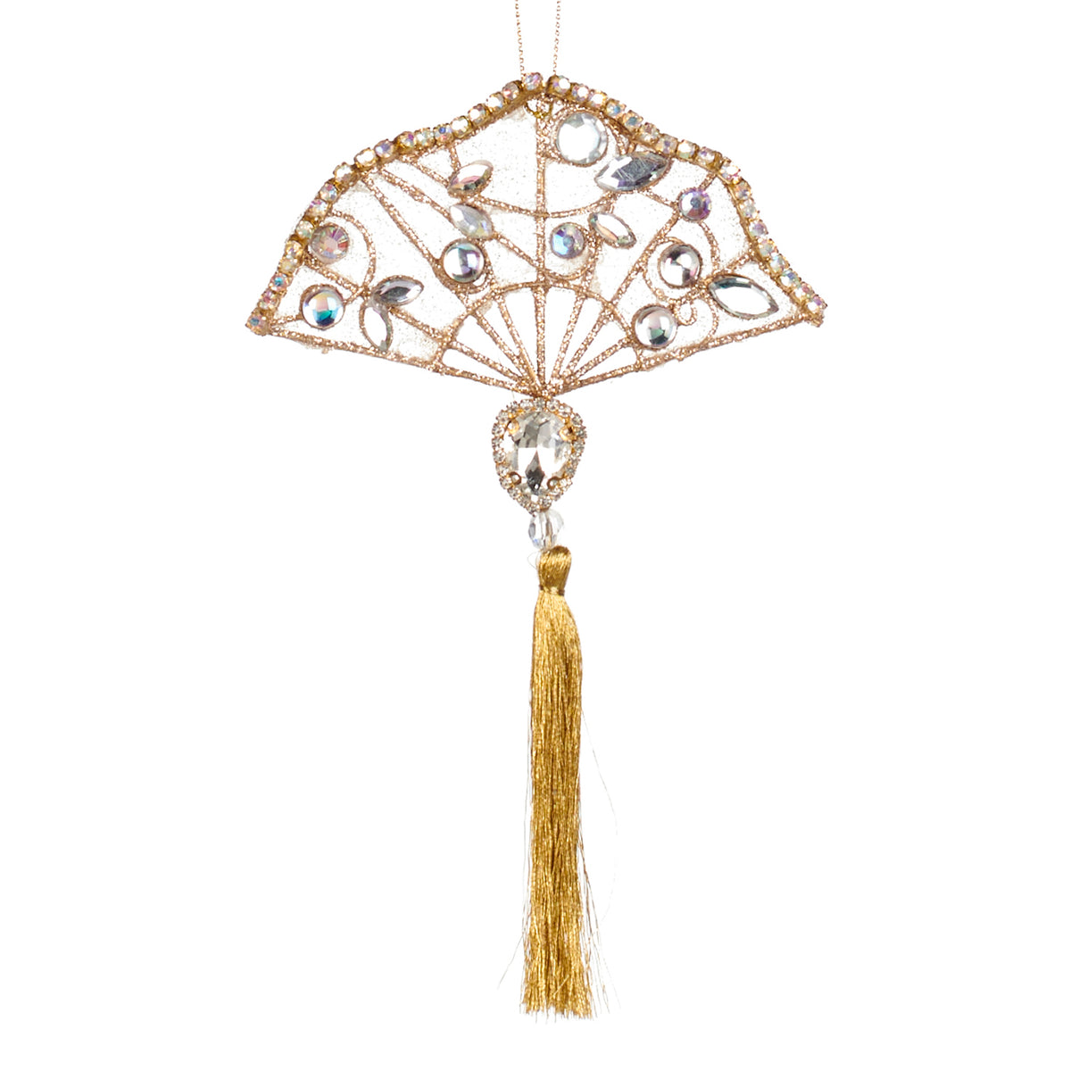 Ornament evantai din sârmă cu pietre și ciucure, auriu, 18 cm