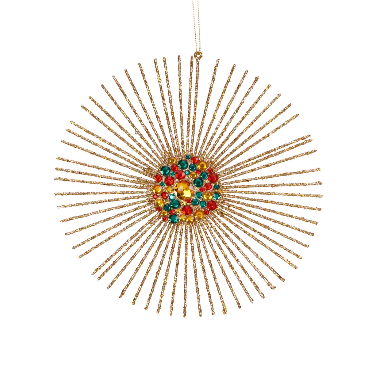 Ornament explozie de stea cu sclipici și pietre, auriu/roșu/verde, 20 cm