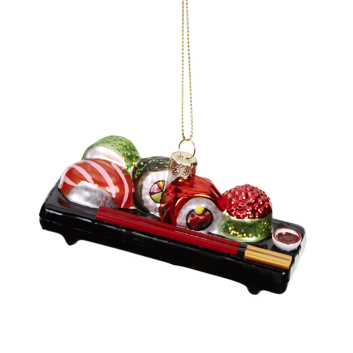 Ornament farfurie cu sushi din sticlă, negru/alb/portocaliu, 12 cm
