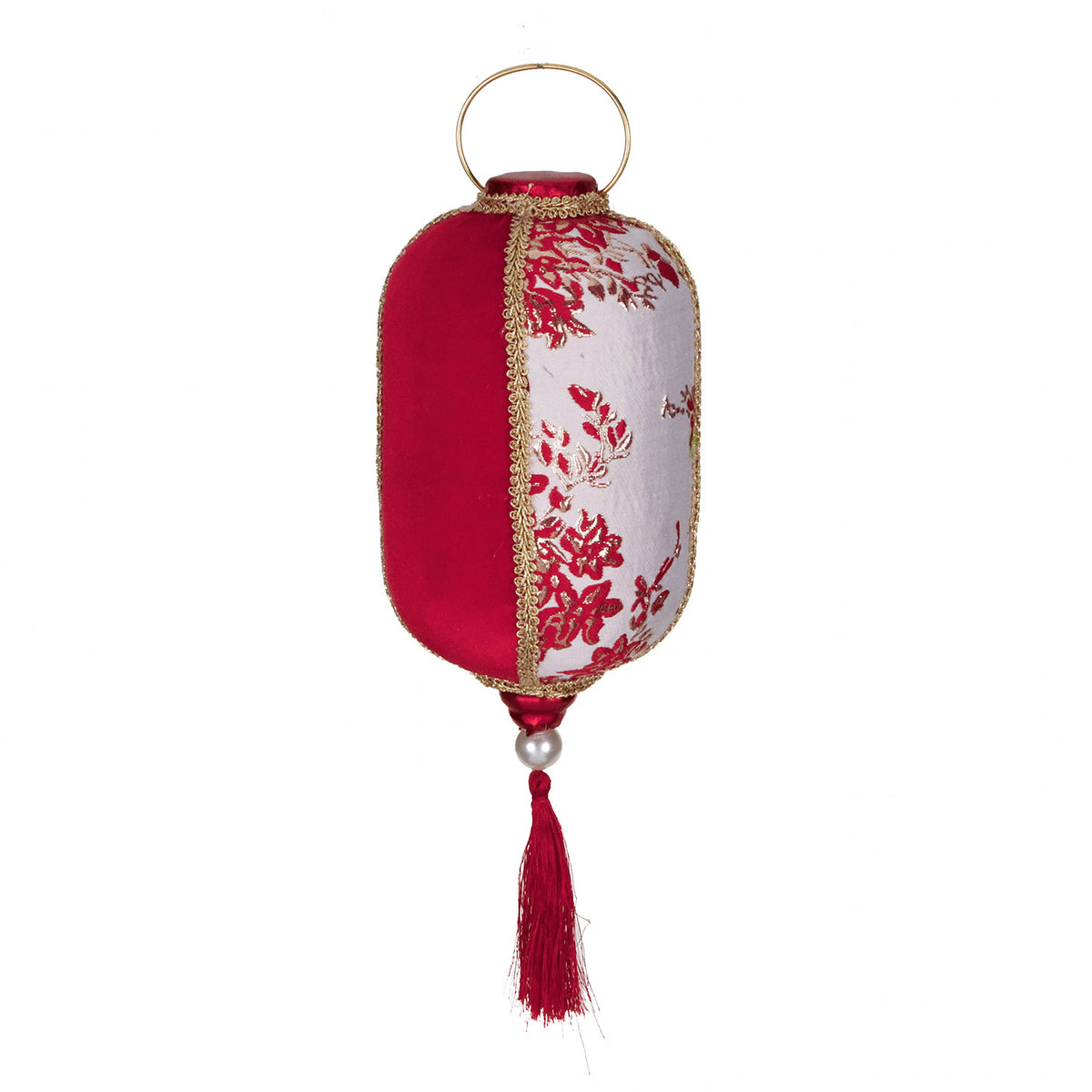 Ornament felinar cu ciucure din textil, roșu/alb/auriu, 31 cm