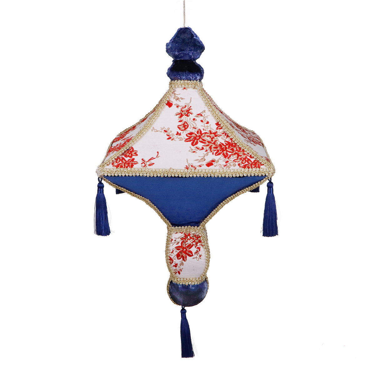 Ornament felinar cu ciucuri din textil, albastru/roșu/alb, 55 cm