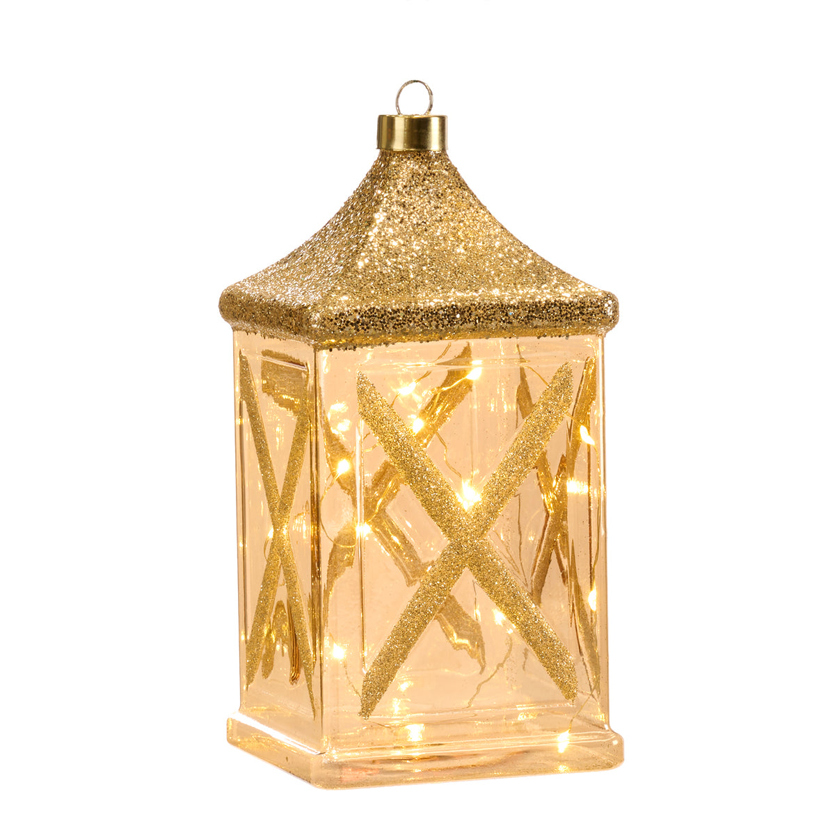 Ornament felinar din sticlă cu LED, șampanie/auriu, 20 cm