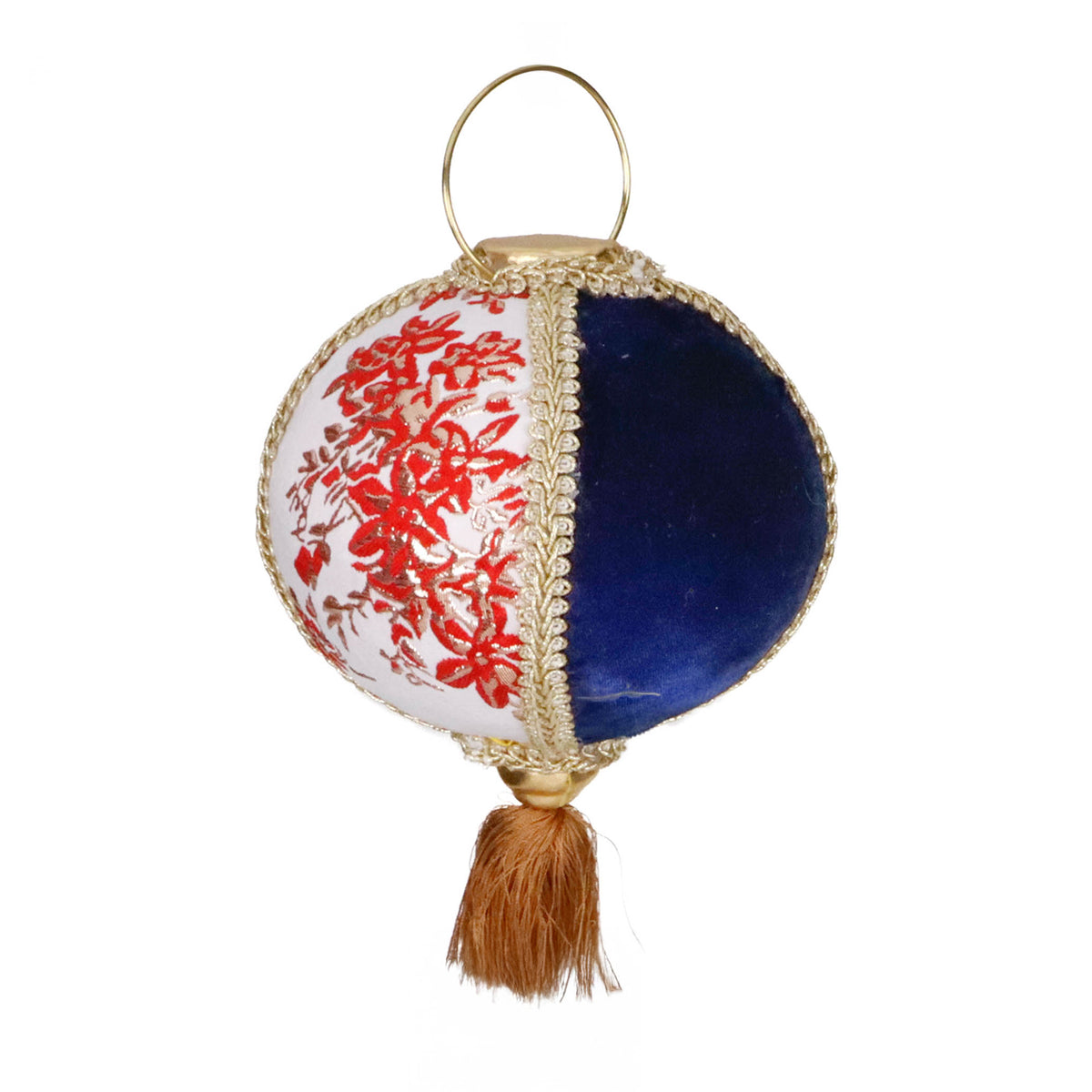 Ornament felinar rotund cu ciucure din textil, albastru/alb/roșu, 26 cm