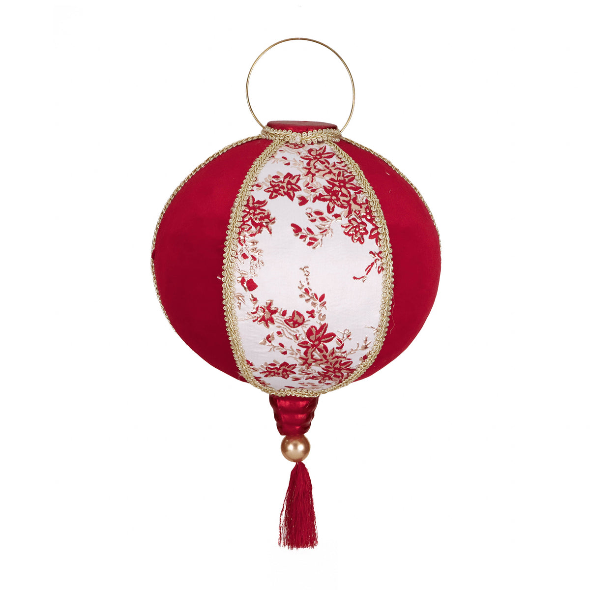 Ornament felinar rotund cu ciucure din textil, roșu/alb, 50 cm