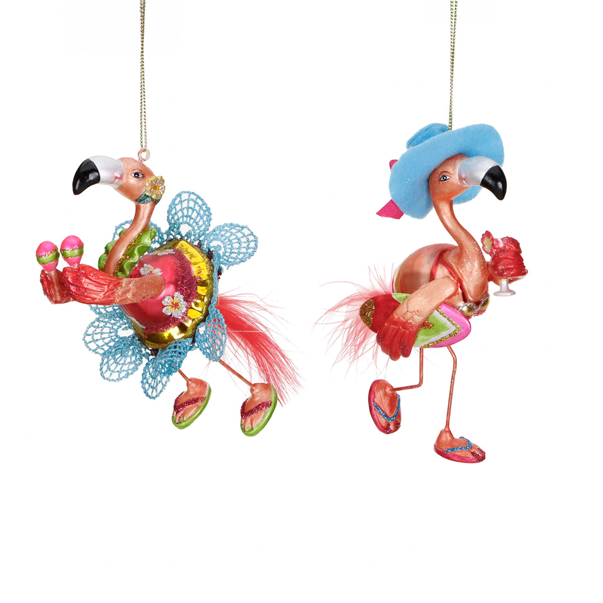 Ornament flamingo tropical pe plajă, din sticlă, roz/multicolor, 14 cm