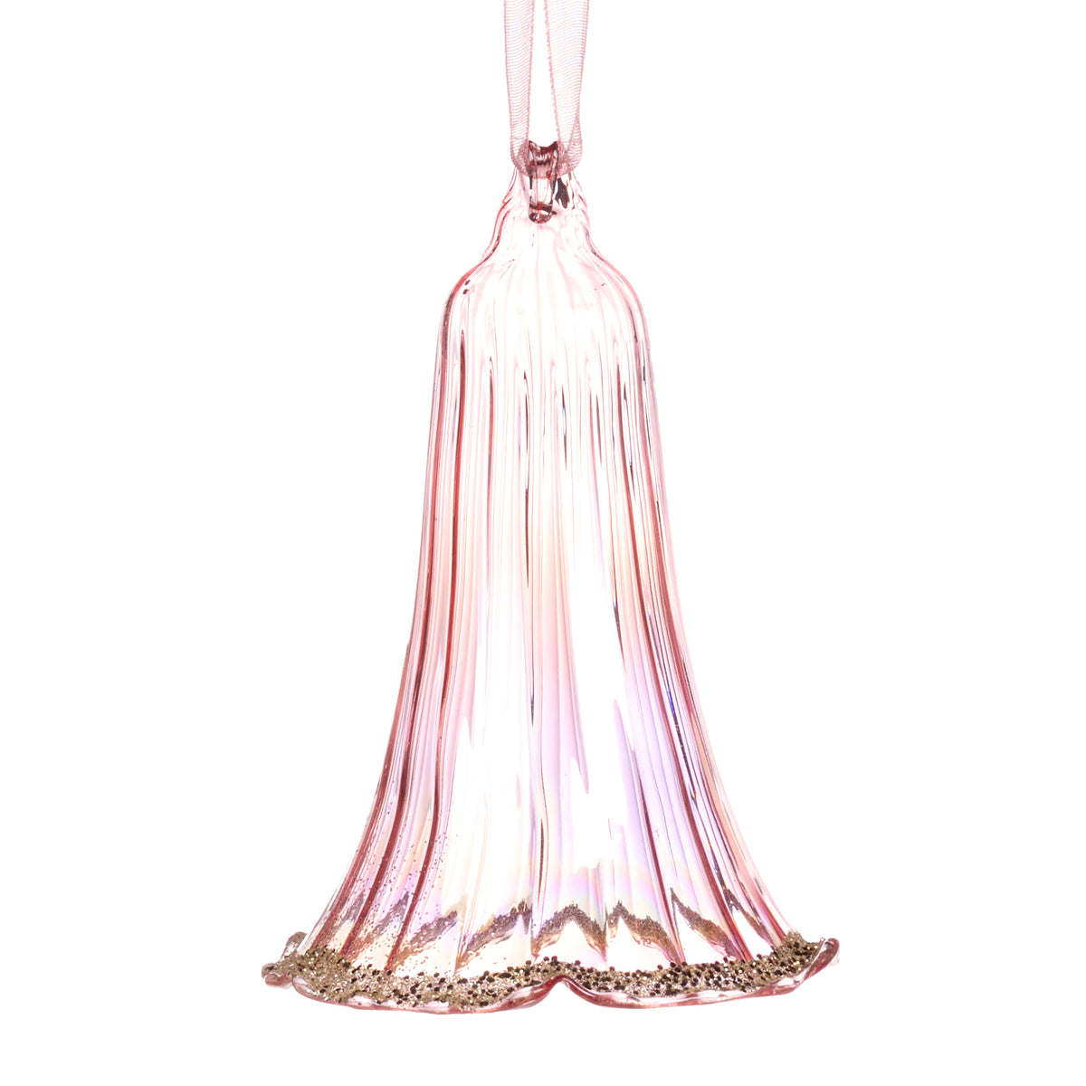 Ornament floare-clopoțel din sticlă irizată cu sclipici, roz/auriu, 10 cm