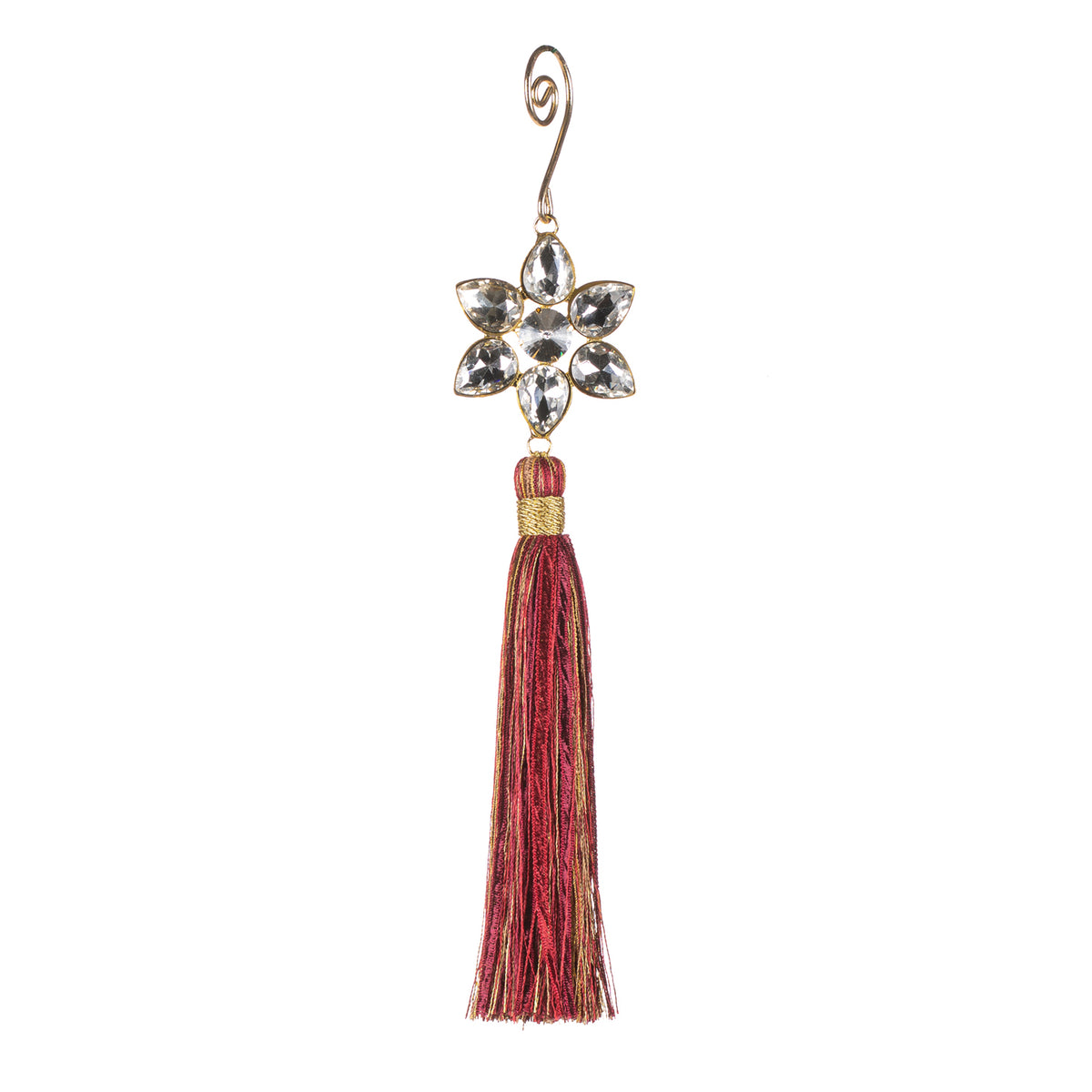 Ornament floare cu pietre și ciucure, burgund, 20 cm
