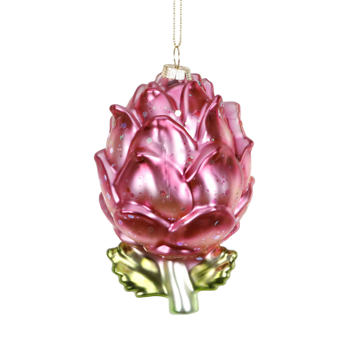 Ornament floare de anghinare din sticlă cu sclipici, roz/verde, 13 cm